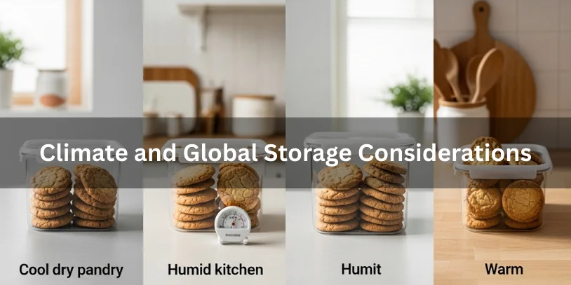 How Long Do Packaged Cookies Last After the Expiration Date? A Practical Safety & Shelf-Life Guide In 2026 Cookies stored in different environments including cool, humid, and warm settings, showing climate and global storage considerations under soft natural lighting.-how long do packaged cookie s last after expiration date