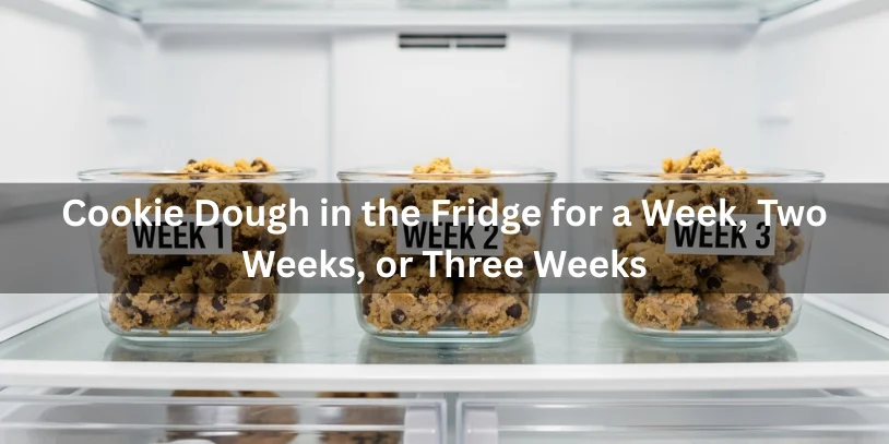Homemade cookie dough stored in the refrigerator in separate containers for one, two, and three weeks, showing chocolate chip dough under soft natural lighting for comparison of freshness.-how long does homemade cookie dough last in the fridge 