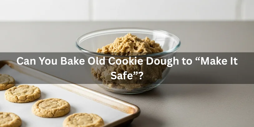 Older homemade cookie dough in a glass bowl next to partially baked cookies on a baking sheet, illustrating attempts to bake old dough to make it safe under soft natural lighting.-how long does homemade cookie dough last in the fridge 