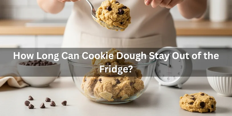 Homemade cookie dough in a glass bowl left out on a kitchen countertop with a timer indicating elapsed time, showing how long cookie dough can safely stay out of the fridge under soft natural lighting.-how long does homemade cookie dough last in the fridge 
