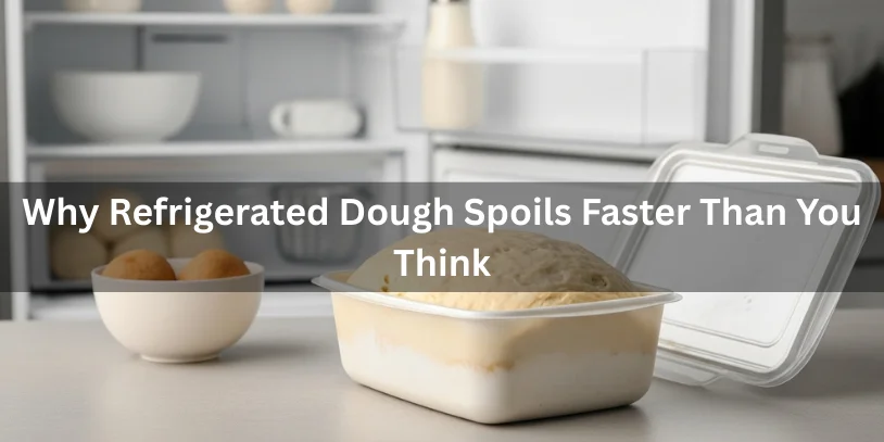 Refrigerated dough in an opened container showing early spoilage signs like moisture and texture changes, explaining why refrigerated dough can spoil faster than expected under soft natural lighting.-how long is pillsbury dough good for after expiration date 