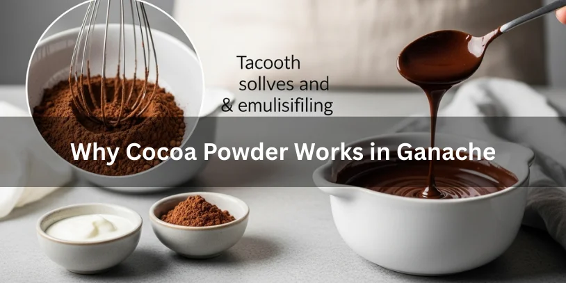 -how to make cCocoa powder whisked into hot cream forming smooth chocolate ganache, realistic food photography explaining why cocoa powder works in ganache.hocolate ganache with cocoa powder 