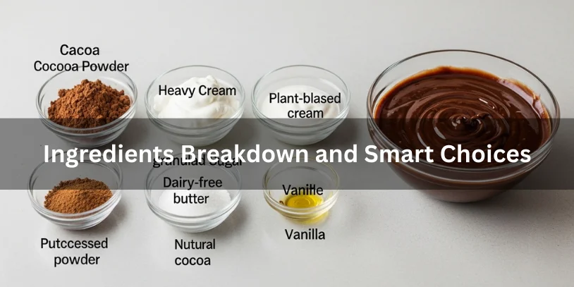 Ingredients for chocolate ganache with cocoa powder shown in bowls alongside finished ganache, realistic food photography explaining smart ingredient choices.-how to make chocolate ganache with cocoa powder 