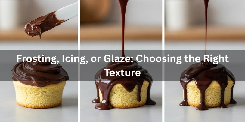 Chocolate frosting, icing, and glaze shown side by side on cakes, realistic food photography comparing textures to help choose the right topping.-how to make chocolate ganache with cocoa powder 