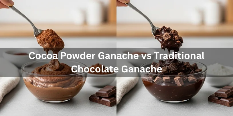 Cocoa powder ganache and traditional chocolate ganache shown side by side with ingredients, realistic food photography comparing texture, ingredients, and finish-how to make chocolate ganache with cocoa powder 