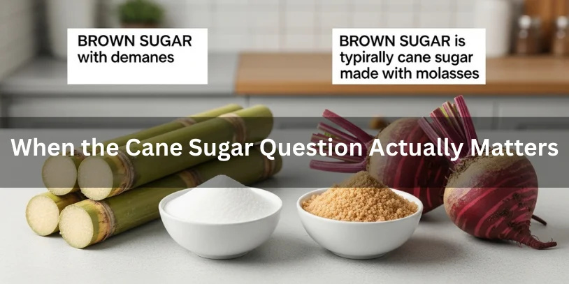 Image showing sugarcane stalks and two bowls of sugar, one white and one brown, on a countertop. Text overlays read, "When the Cane Sugar Question Actually Matters."-is brown sugar cane sugar 