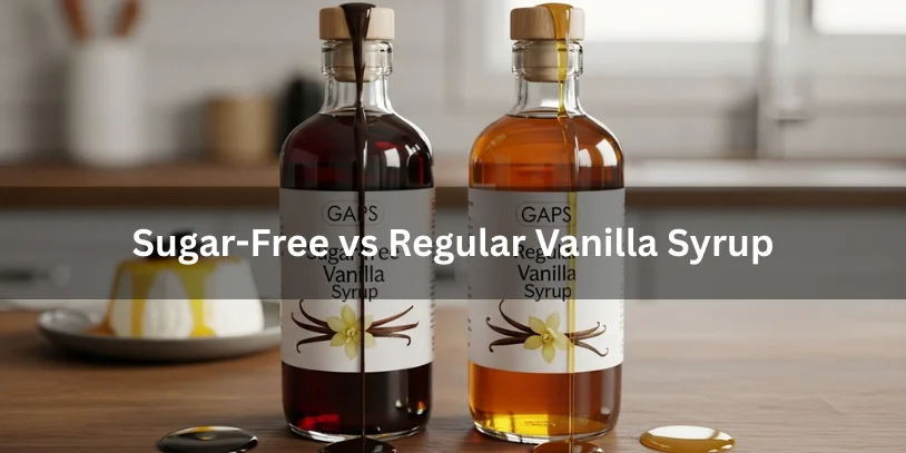Is Sugar-Free Vanilla Syrup Bad for You? Health Effects, Ingredients, Pros & Safer Alternatives Benifits In 2026 Side-by-side comparison of sugar-free vanilla syrup (dark amber bottle with wooden cap) and regular vanilla syrup (lighter amber bottle), each poured beside a dessert, showing color and texture differences.-is sugar free vanilla syrup bad for you
