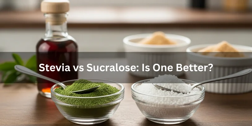 Is Sugar-Free Vanilla Syrup Bad for You? Health Effects, Ingredients, Pros & Safer Alternatives Benifits In 2026 Side-by-side comparison of stevia (green powder) and sucralose (white granules) with a sugar-free vanilla syrup bottle and dessert in the background, illustrating which sweetener may be better.-is sugar free vanilla syrup bad for you
