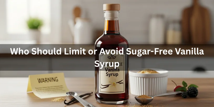 Is Sugar-Free Vanilla Syrup Bad for You? Health Effects, Ingredients, Pros & Safer Alternatives Benifits In 2026 A dark amber sugar-free vanilla syrup bottle with a wooden cap next to a dessert and subtle caution props, illustrating who should limit or avoid sugar-free vanilla syrup.-is sugar free vanilla syrup bad for you