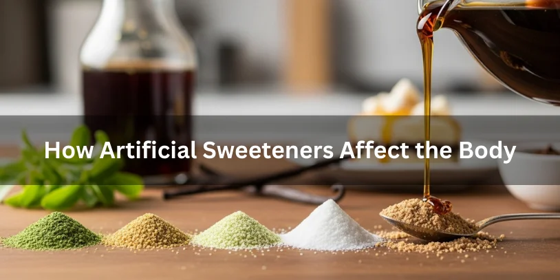 Is Sugar-Free Vanilla Syrup Bad for You? Health Effects, Ingredients, Pros & Safer Alternatives Benifits In 2026 Common artificial sweeteners like stevia, erythritol, and sucralose on a wooden countertop with a sugar-free vanilla syrup and dessert in the background, illustrating how artificial sweeteners affect the body.-is sugar free vanilla syrup bad for you