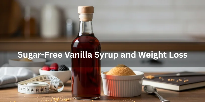 Is Sugar-Free Vanilla Syrup Bad for You? Health Effects, Ingredients, Pros & Safer Alternatives Benifits In 2026 A dark amber sugar-free vanilla syrup bottle with a wooden cap next to a dessert, accompanied by subtle props like a measuring tape and berries, illustrating its relation to weight loss.-is sugar free vanilla syrup bad for you