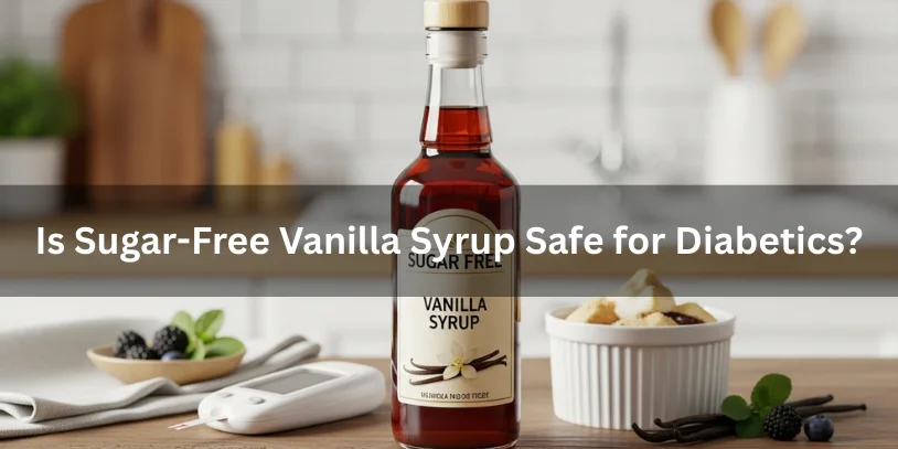 Is Sugar-Free Vanilla Syrup Bad for You? Health Effects, Ingredients, Pros & Safer Alternatives Benifits In 2026 A dark amber sugar-free vanilla syrup bottle with a wooden cap next to a dessert, glucometer, and berries, illustrating its safety for diabetics.-is sugar free vanilla syrup bad for you