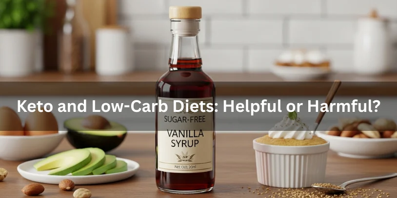 Is Sugar-Free Vanilla Syrup Bad for You? Health Effects, Ingredients, Pros & Safer Alternatives Benifits In 2026 A dark amber sugar-free vanilla syrup bottle with a wooden cap next to a dessert, with keto-friendly ingredients on one side and sugary dessert cues blurred on the other, illustrating its effect on keto and low-carb diets.-is sugar free vanilla syrup bad for you