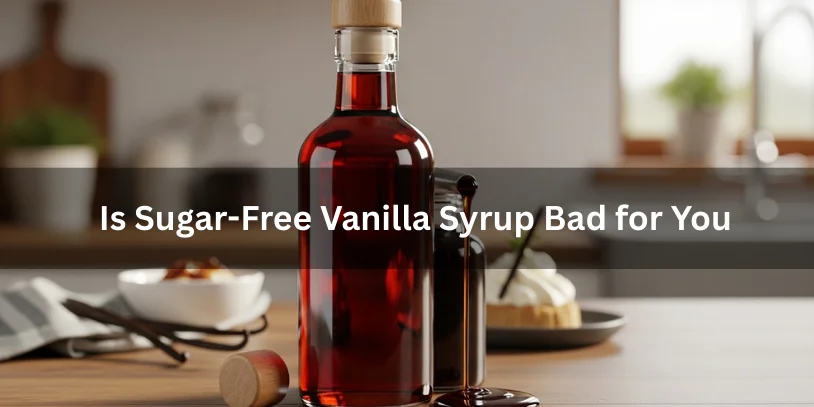 Is Sugar-Free Vanilla Syrup Bad for You? Health Effects, Ingredients, Pros & Safer Alternatives Benifits In 2026 A smooth dark amber syrup bottle with a wooden cap and sugar-free vanilla syrup poured beside it, shown with a dessert and vanilla bean, highlighting texture and real-world use.-is sugar free vanilla syrup bad for you