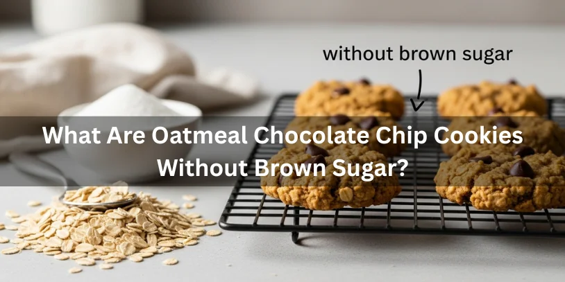 Oatmeal chocolate chip cookies with visible oats and chocolate chips, made without brown sugar with white sugar and rolled oats nearby, realistic food photography explaining what these cookies are.-oatmeal chocolate chip cookies without brown sugar 