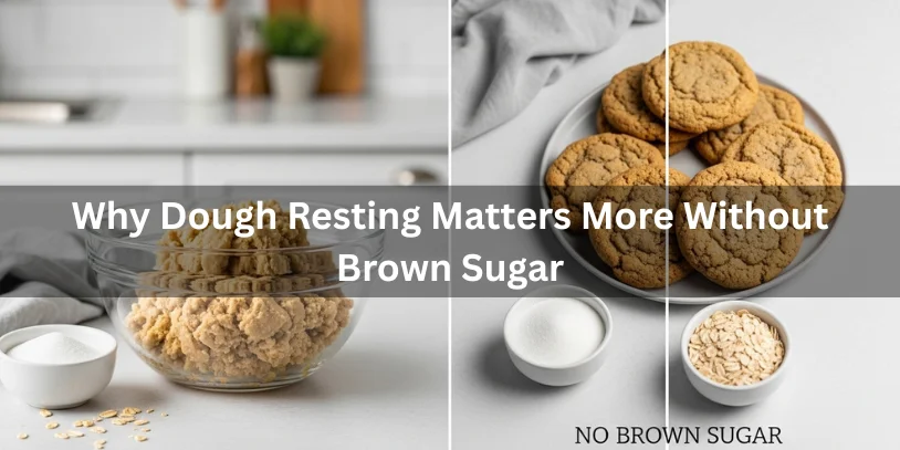 Cookie dough resting in a bowl next to baked oatmeal chocolate chip cookies, illustrating why dough resting matters more without brown sugar, realistic food photography.-oatmeal chocolate chip cookies without brown sugar 