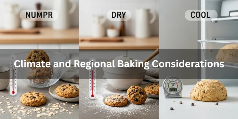 Oatmeal chocolate chip cookies in kitchens with humid, dry, and cool conditions showing climate and regional baking considerations, realistic food photography.-oatmeal chocolate chip cookies without brown sugar 
