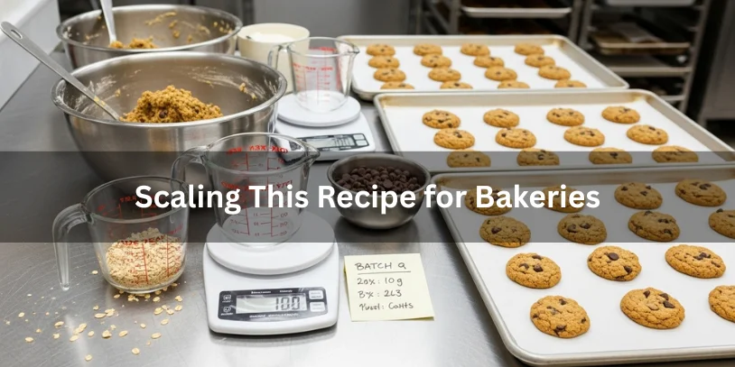 Bakery-scale setup with large mixing bowls, multiple baking sheets, and scales showing how to scale oatmeal chocolate chip cookie recipes for larger batches, realistic food photography.-oatmeal chocolate chip cookies without brown sugar 