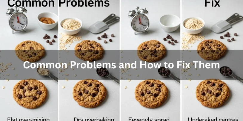 Common oatmeal chocolate chip cookie problems like flat, dry, uneven, and underbaked cookies shown alongside corrected versions, realistic food photography illustrating how to fix baking issues-oatmeal chocolate chip cookies without brown sugar 