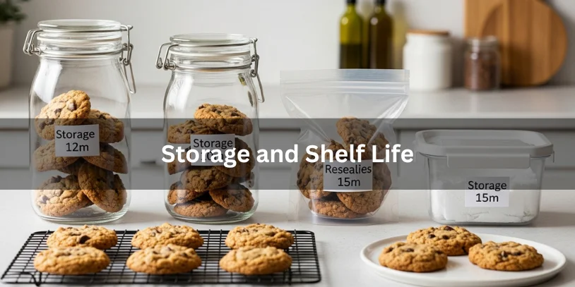 Oatmeal chocolate chip cookies stored in airtight jars, resealable bags, and in the fridge or freezer with labels showing shelf life, realistic food photography illustrating proper cookie storage and preservation.-oatmeal chocolate chip cookies without brown sugar 
