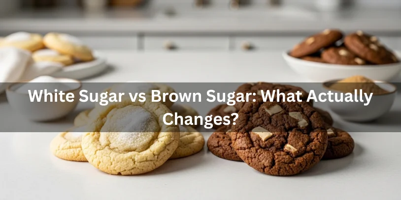 Two batches of cookies side by side made with white sugar and brown sugar showing differences in color, texture, and chewiness, realistic food photography explaining the effects of sugar type.-oatmeal chocolate chip cookies without brown sugar