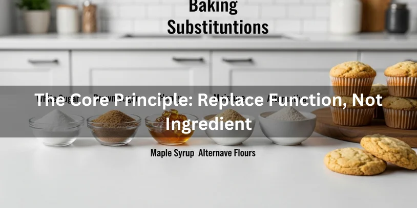 Bowls of sugar, honey, maple syrup, and alternative flours with baked cookies nearby, realistic food photography illustrating the baking principle: replace function, not ingredient.-oatmeal chocolate chip cookies without brown sugar