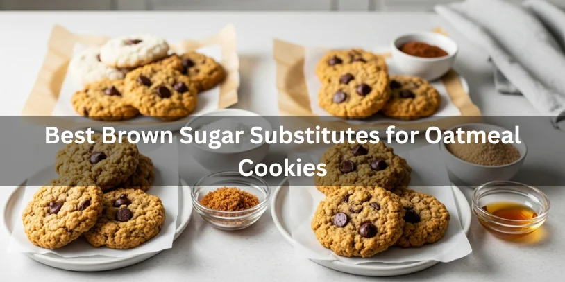 Oatmeal cookies baked using different brown sugar substitutes like white sugar with molasses, coconut sugar, maple syrup, and honey, realistic food photography showing best alternatives for brown sugar in cookies.-oatmeal chocolate chip cookies without brown sugar