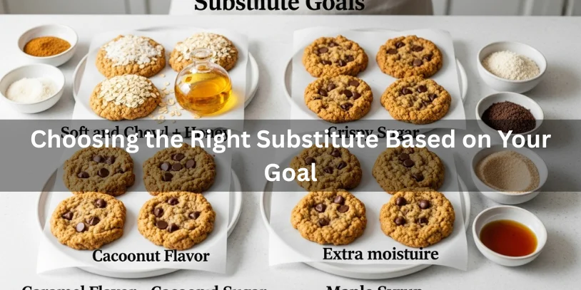 Oatmeal cookie batches arranged by baking goals like soft, crispy, caramel flavor, and extra moisture with corresponding sugar substitutes, realistic food photography showing how to choose the right brown sugar alternative.-oatmeal chocolate chip cookies without brown sugar
