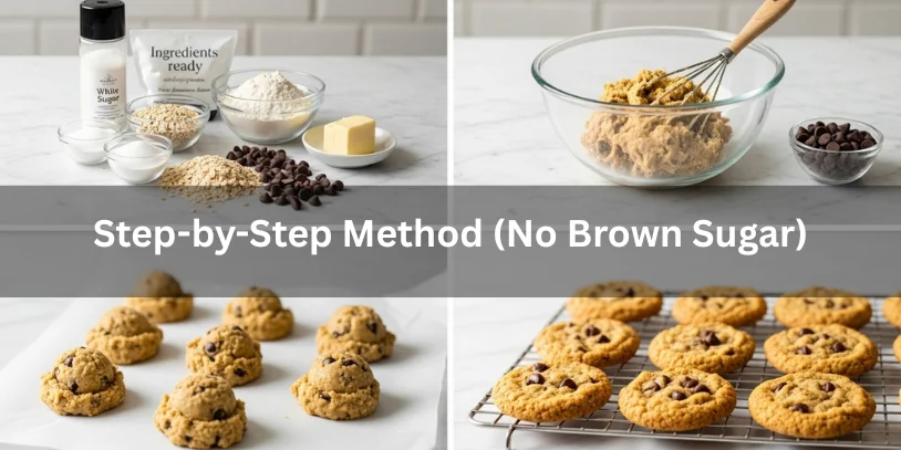 Four-step process showing ingredients, mixing, scooping, and baked oatmeal chocolate chip cookies made without brown sugar, realistic food photography illustrating a step-by-step method.-oatmeal chocolate chip cookies without brown sugar 