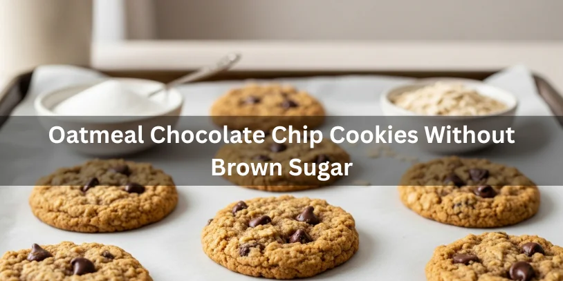Oatmeal chocolate chip cookies made without brown sugar, showing chewy texture and visible oats and chocolate chips, realistic food photography for a cookie recipe without brown sugar.-oatmeal chocolate chip cookies without brown sugar