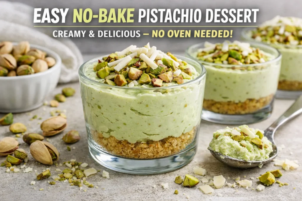 Glass cups filled with creamy green pistachio dessert topped with chopped nuts and white chocolate, set on a crumb crust. Text reads "Easy No-Bake Pistachio Dessert-pistachio dessert recipe-pistachio dessert recipe