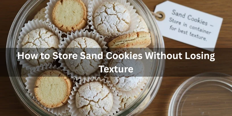 Glass jar containing sand cookies in paper cups, with a label in the background advising storage for texture. The text overlays: "How to Store Sand Cookies Without Losing Texture."-sand cookies 