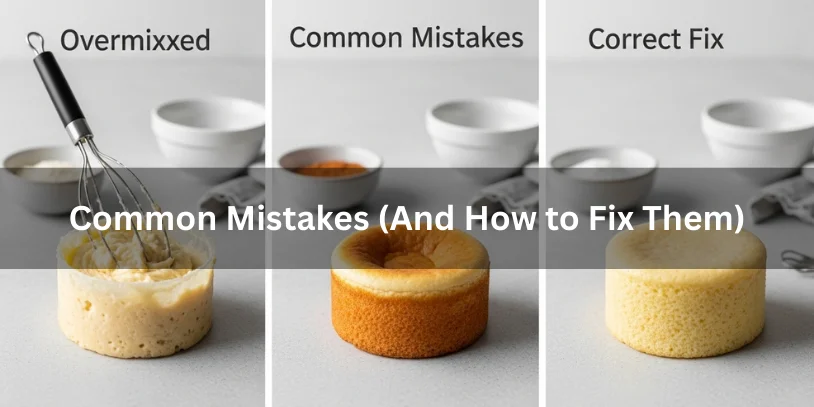 Three-step comparison showing common mistakes and fixes in single-serve vanilla cake—overmixed batter, underbaked cake, and perfectly baked cake under soft natural lighting.-single serve vanilla cake 