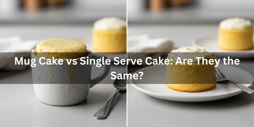 Side-by-side comparison of a baked vanilla mug cake in a mug and a single-serve vanilla cake on a plate, showing size and texture differences under soft natural lighting.-single serve vanilla cake 