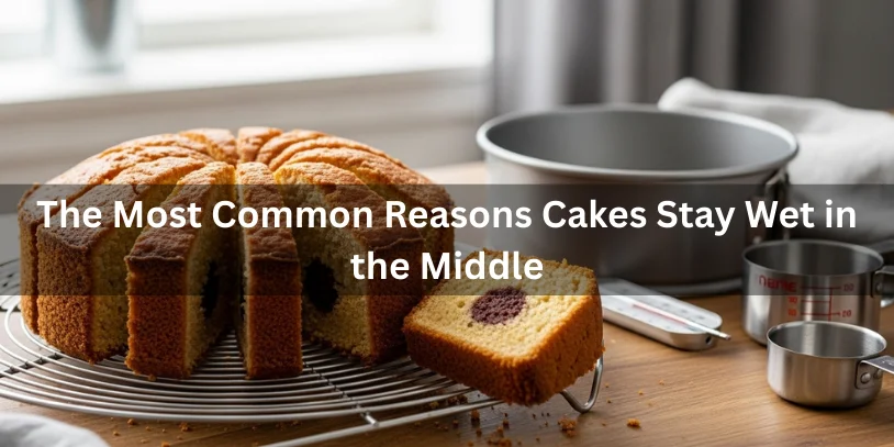 Why Is My Cake Wet in the Middle? Causes, Fixes, and Proven Baking Solutions In 2026 A sliced cake with a wet center and baked edges on a cooling rack, illustrating common reasons cakes stay wet in the middle.-why is my cake wet in the middle