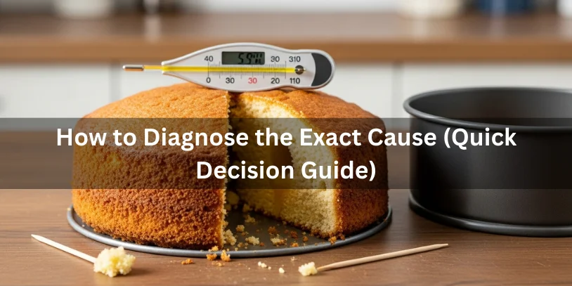 Why Is My Cake Wet in the Middle? Causes, Fixes, and Proven Baking Solutions In 2026 A sliced cake with a wet center, toothpick test, and kitchen thermometer, showing how to diagnose the exact cause of an underbaked cake.-why is my cake wet in the middle
