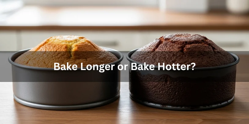 Why Is My Cake Wet in the Middle? Causes, Fixes, and Proven Baking Solutions In 2026 Two cakes baked at different temperatures, comparing baking longer at a lower heat versus baking hotter for an undercooked cake.-why is my cake wet in the middle