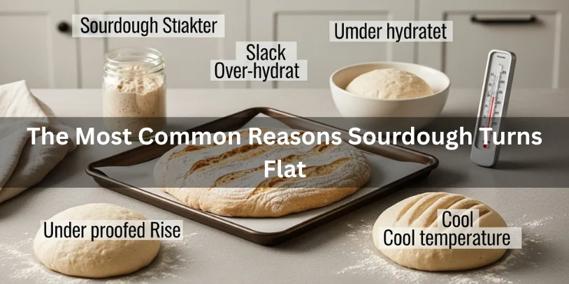 Flat sourdough loaf with weak starter, over-hydrated dough, and low temperature indicators, realistic food photography showing the most common reasons sourdough turns flat.-why is my sourdough flat 