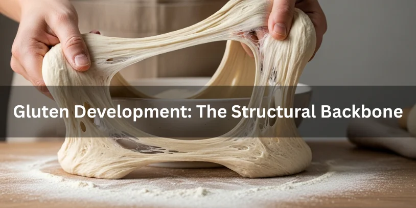 Close-up of sourdough dough stretched to show the gluten windowpane test, realistic food photography illustrating gluten development as the structural backbone of bread.-why is my sourdough flat 