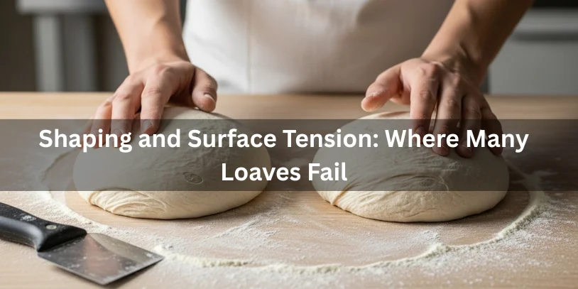 Hands shaping sourdough dough showing proper surface tension versus slack shaping, realistic food photography explaining how shaping and surface tension affect bread loaves.-why is my sourdough flat 