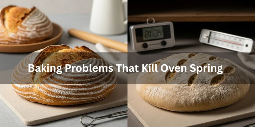 Side-by-side sourdough loaves showing strong oven spring versus flat loaf with poor rise, realistic food photography explaining baking problems that kill oven spring-why is my sourdough flat 