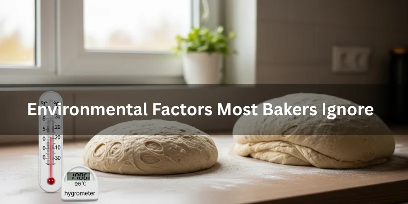 Bread dough fermenting on a kitchen counter with thermometer and humidity gauge, realistic food photography highlighting environmental factors most bakers ignore like temperature, humidity, and airflow.-why is my sourdough flat 