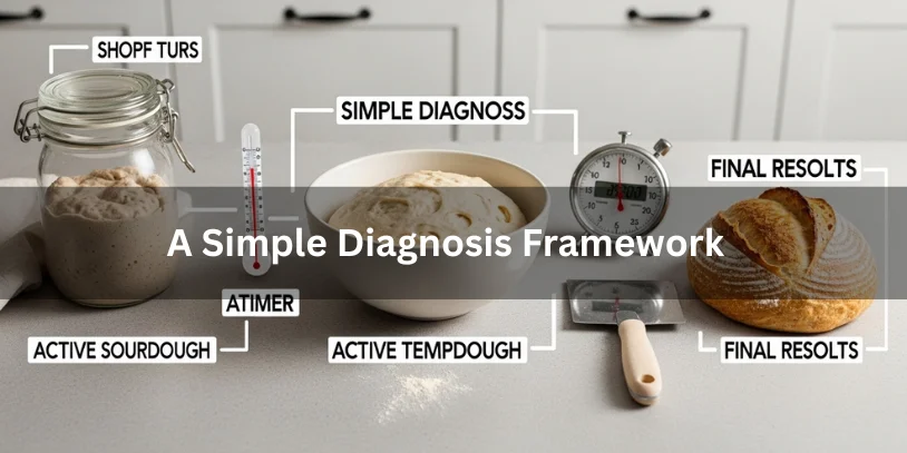 Organized sourdough baking setup showing starter, dough, thermometer, timer, and finished loaf, realistic food photography illustrating a simple diagnosis framework for bread baking problems-why is my sourdough flat 