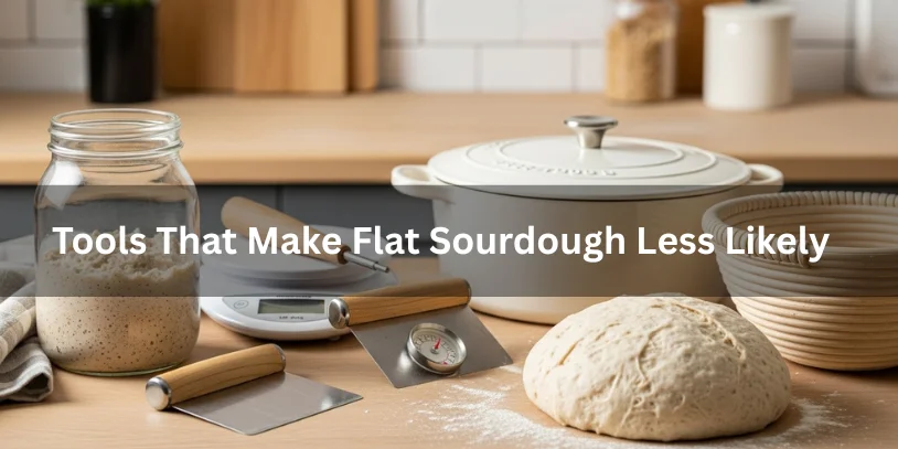 Essential sourdough baking tools including starter, kitchen scale, thermometer, bench scraper, banneton, and Dutch oven, realistic food photography showing tools that help prevent flat sourdough.-why is my sourdough flat 