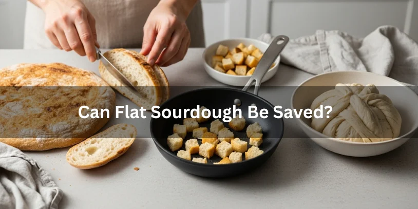 Flat sourdough loaf with sliced pieces for toasting and reworked dough in a bowl, realistic food photography showing ways flat sourdough can be saved instead of wasted.-why is my sourdough flat 