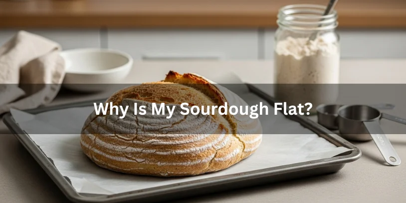 Flat sourdough loaf on a baking tray with cracks, surrounded by sourdough starter and measuring cups, realistic food photography explaining why sourdough may turn out flat.-why is my sourdough flat