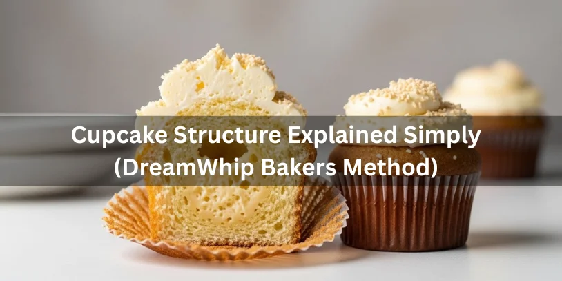 Close-up of cupcakes, one cut in half, showing texture. Topped with whipped frosting and sprinkles. Text overlay: "Cupcake Structure Explained Simply (DreamWhip Bakers Method)." Warm, inviting tone.-why are my cupcakes sinking 