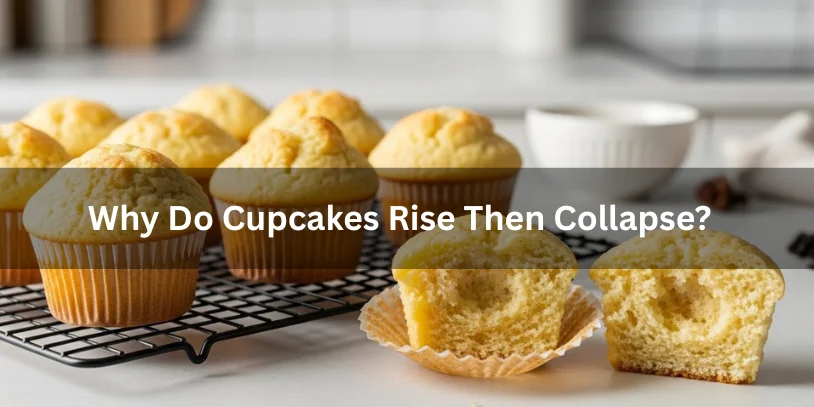 Freshly baked cupcakes on a cooling rack with one cupcake halved in front. Text overlay reads, "Why Do Cupcakes Rise Then Collapse?" in a kitchen setting.-why are my cupcakes sinking 