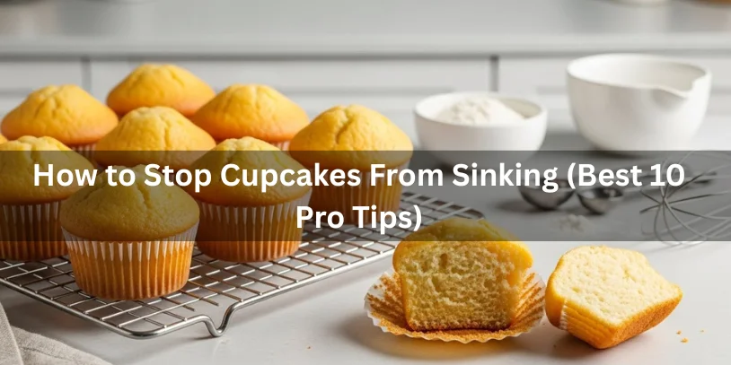 Freshly baked golden cupcakes are cooling on a wire rack in a bright kitchen. One cupcake is halved, displaying its fluffy interior. Text overlay: 