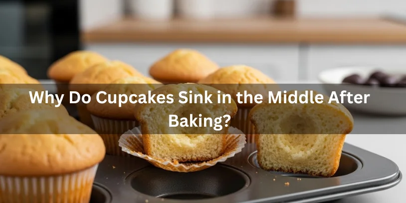 A tray of baked cupcakes with one showing a sunken center. The text reads, "Why Do Cupcakes Sink in the Middle After Baking?" indicating a baking issue.-why are my cupcakes sinking 